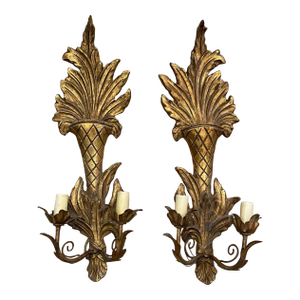 1960s French Carved Giltwood Two-Light Wall Sconces - a Pair