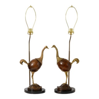 1980s Bronze & Wood Ostrich Table Lamps - a Pair For Sale