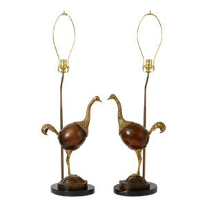 1980s Bronze & Wood Ostrich Table Lamps - a Pair