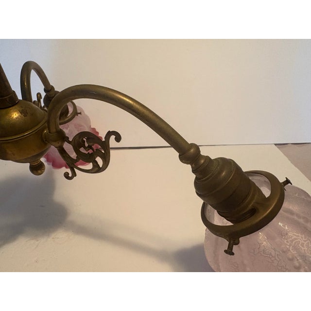 Early 20th Century Early 20th Century Brass 3-Light Chandelier With Pink Glass Shades For Sale - Image 5 of 12