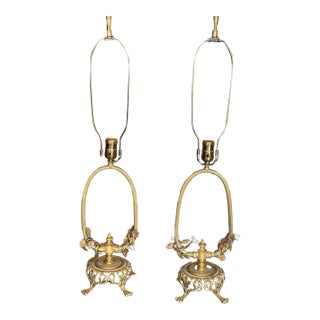 1960s Pair Louis XV Style Brass and Ceramic Floral Table Lamps For Sale