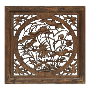Chinese Square Flower Lotus Birds Wooden Wall Plaque Panel
