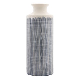Terra Cotta Floor Vase with Navy Criss Cross Pattern 24.75"H For Sale