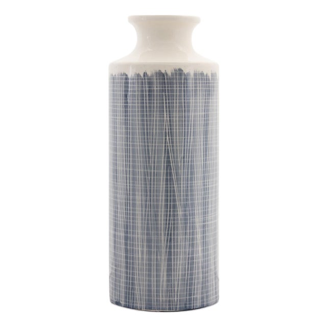 Terra Cotta Floor Vase with Navy Criss Cross Pattern 24.75"H For Sale