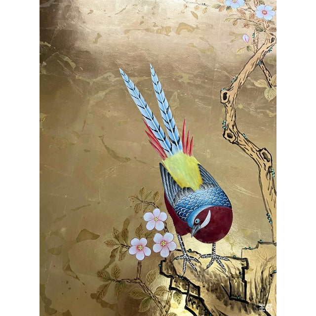 Gold Hand Painted Gold Leaf Wallpaper With Birds & Floral Chinoiserie Design, Luxury Oriental Wallcovering, Custom Made Decorative Wall Mural For Sale - Image 8 of 13