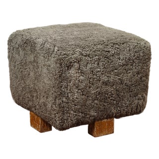 Vintage Grey Shearling Footstool For Sale