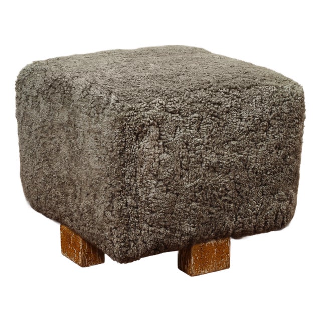 Vintage Grey Shearling Footstool For Sale