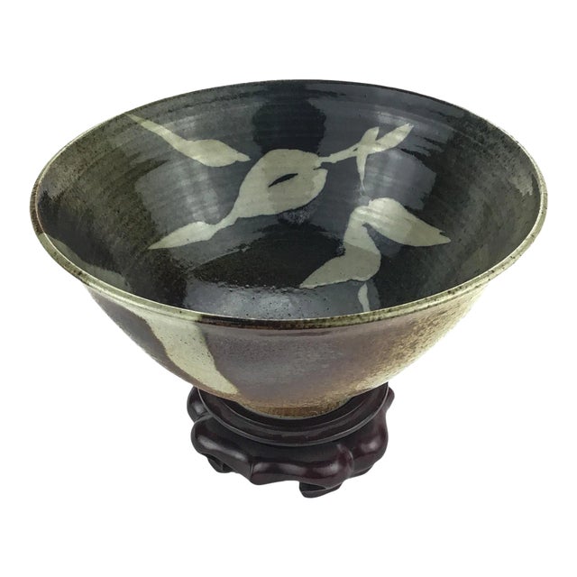 Vintage Japanese Artisan Clay Bowl With Rosewood Stand For Sale