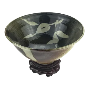 Vintage Japanese Artisan Clay Bowl With Rosewood Stand