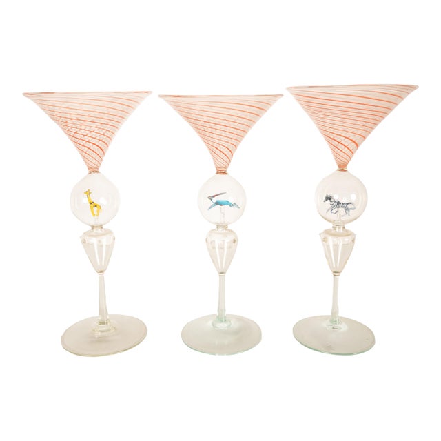 Antique Set 3 Handblown Martini Glasses Animals Bimini Werkstätte Austria 1925 For Sale