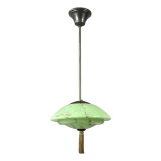 Green Marbled Opaline and Burnished Brass Pendant with Tassel, Germany, 1930s For Sale