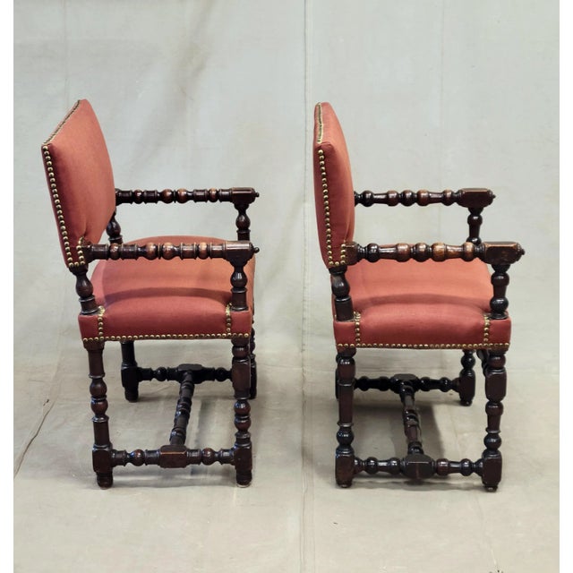 Antique European Renaissance Revival Chairs With Terracotta Linen Upholstery - A Pair For Sale - Image 14 of 14