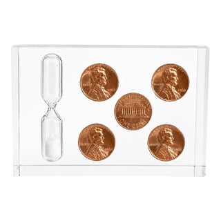 Vintage 1968 Lincoln Penny & Hourglass Lucite Paperweight For Sale