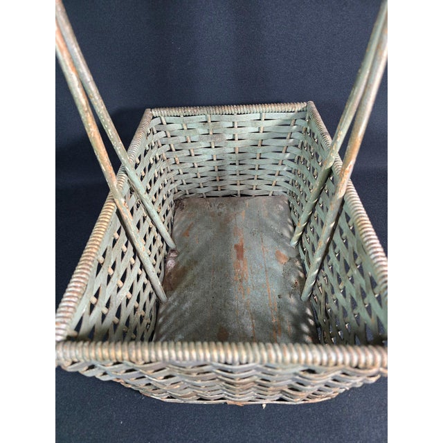 Antique American Primitive Painted Splint Gathering Basket With Solid Wood Bottom and Verdigris Patina For Sale - Image 4 of 11