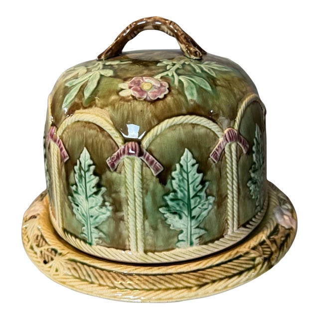 Vintage Antique Majolica Pottery Floral Decorated Cheese Keeper Dome With Base For Sale
