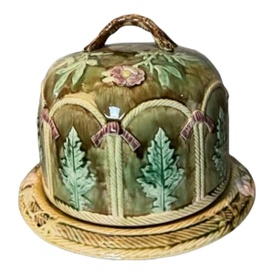 Vintage Antique Majolica Pottery Floral Decorated Cheese Keeper Dome With Base