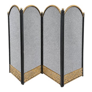 Vintage Four Panel Arch Fireplace Screen Brass Plated Filigree Design For Sale