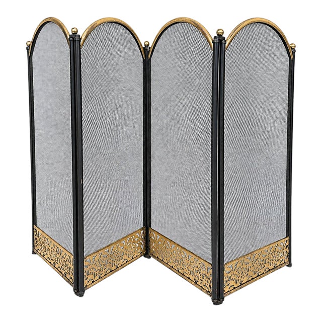 Vintage Four Panel Arch Fireplace Screen Brass Plated Filigree Design For Sale