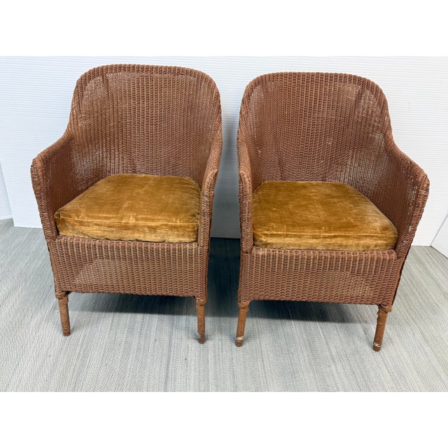 Goldenrod Rattan Bucket Lounge Chairs With Goldenrod Velvet Seat Pads, Pair For Sale - Image 8 of 12