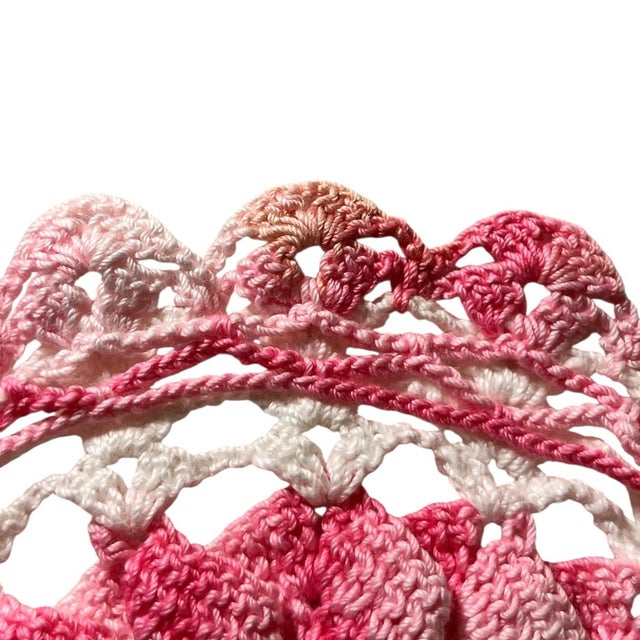 Shabby Chic 9" Vintage Crochet Doily Floral Pink White Green Shabby Chic Traditional English Cottage Spring For Sale - Image 3 of 6