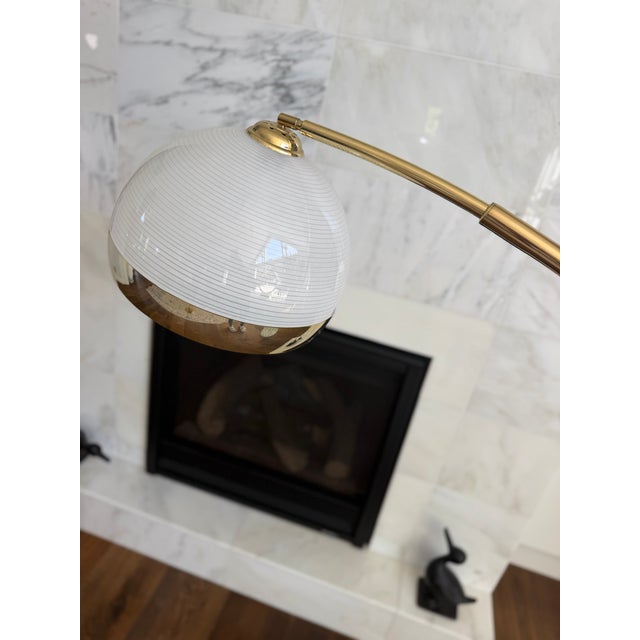 Mid-Century Modern Vintage Italian Modern Brass Adjustable Arc Floor Lamp With Carrara Marble Base & Ribbed Acrylic Dome Shade For Sale - Image 3 of 9