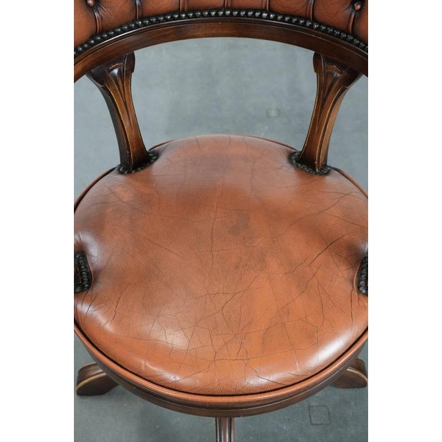 English Style Cowhide and Wood Chesterfield Office Chair with Decorative Nails For Sale - Image 6 of 17