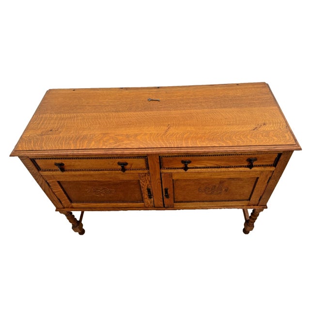 Early 20th Century English Jacobean Revival Carved Oak Buffet, Credenza Barley Twist Legs, Mirror For Sale - Image 13 of 15