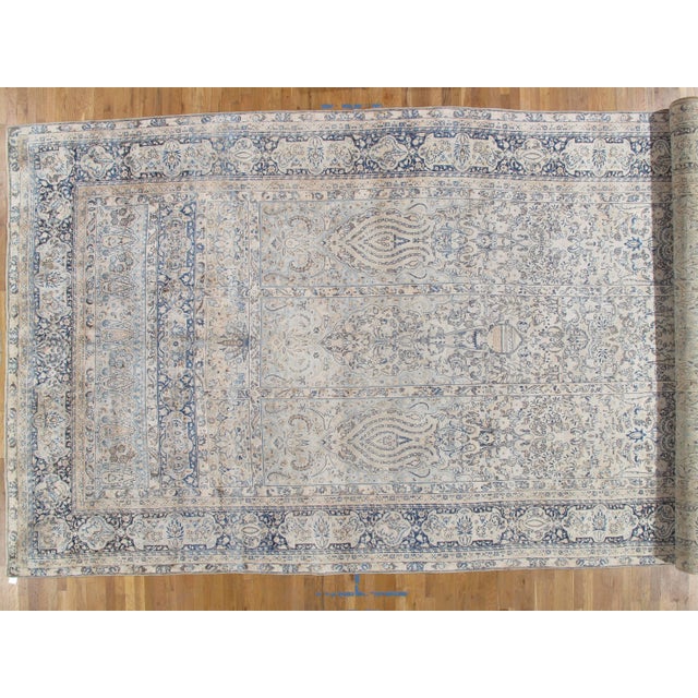 Traditional Antique Persian Lavar Kerman Oriental Carpet, Handmade Persian Rug, Ivory, Blue For Sale - Image 3 of 6
