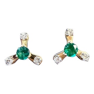 2.0 Carat Round Natural Emerald & Diamond Stud Post Earrings 14 Kt Yellow Gold For Sale
