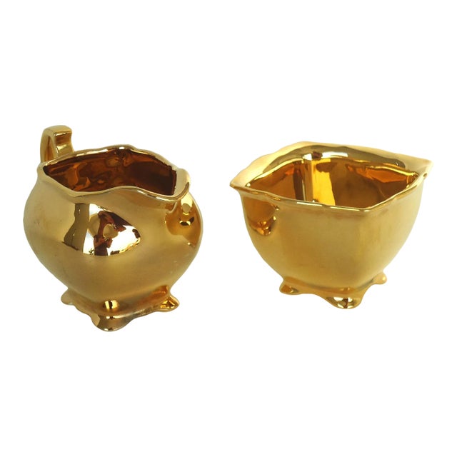 Mid 20th Century English Gold Royal Winton Creamer & Sugar Set For Sale