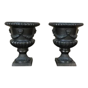 Pair 19th Century Neoclassical Cast Iron Garden Urns