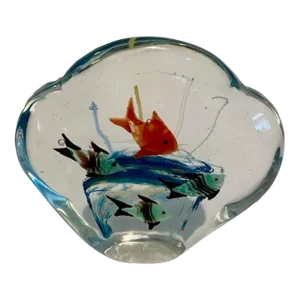 1990s Murano Style Glass Paperweight With Fish