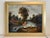 This charming antique oil on canvas painting depicts a peaceful rural scene featuring a mother and child beside a quiet...