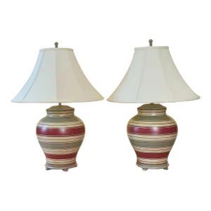 Mid-Century Ceramic Hand Painted Table Lamps With Shades in Lava Gray, Burgundy and Beige- a Pair