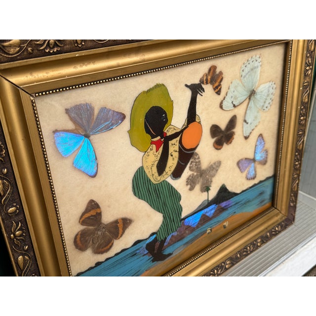 Vintage African Folk Art Iridescent Morpho Butterfly Wing Mosaic Made in Brazil For Sale - Image 12 of 15
