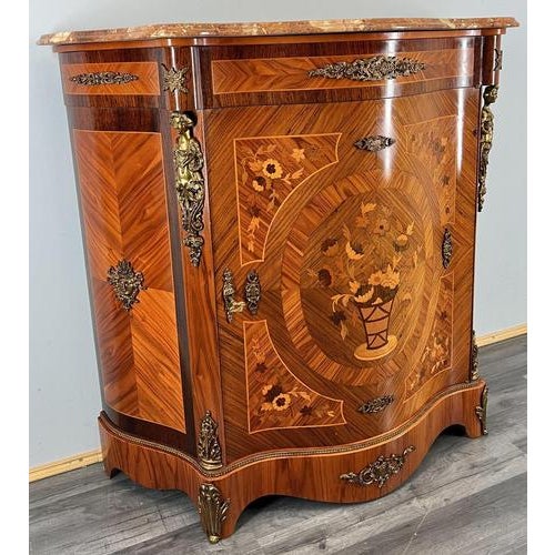 Vintage French Inlaid Cabinet with Brass Ormolu and Marble Top For Sale - Image 3 of 17