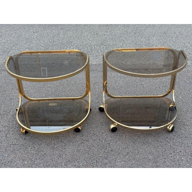 Metal German Brass Rollable Nightstands with Toned Glass Shelves, 1970s, Set of 2 For Sale - Image 7 of 9