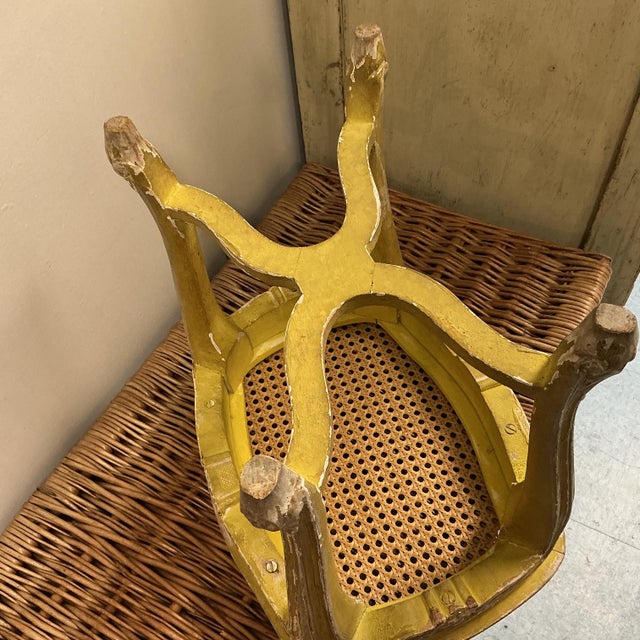 Vintage French Carved Wood Footstool Caning Replaced Chippy Original Finish Beige Yellow For Sale - Image 4 of 11