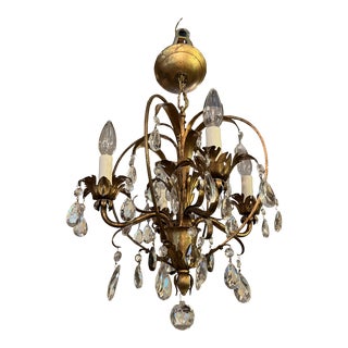 Vintage Gold Gilt Metal Tole Leaf & Crystal Chandelier Caged Heart Shaped Italian For Sale