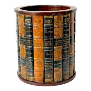 20th Century English Regency Style Hardwood & Leather Book Motif Trashcan/Wastepaper Basket