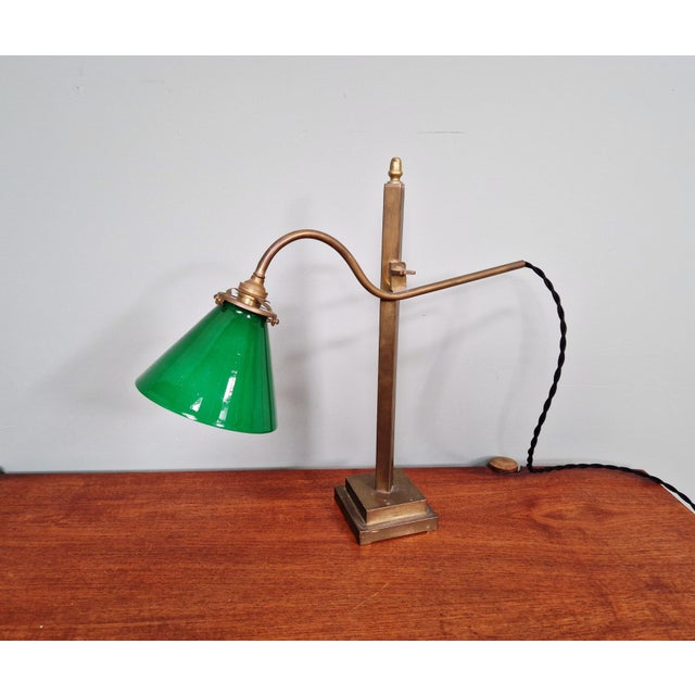 Industrial Conical Desk Lamp in Bronze and Green Opaline Glass, 1920s For Sale - Image 3 of 18