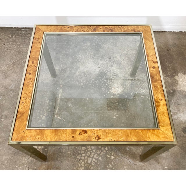 Mid 20th Century Vintage Parsons Style Burl Wood and Brass Glass Top Side Table For Sale - Image 5 of 10