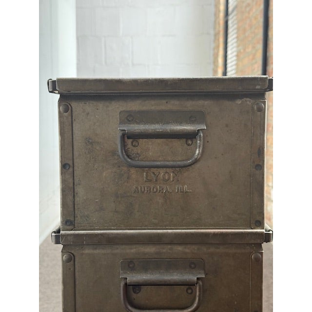 Vintage Lyon Aurora IL Steel Metal American Industrial 23" Stackable Storage Bin. Circa Mid 20th Century. Measurements: 8"...