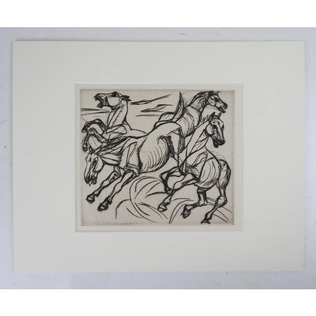 Late 20th century modernist etching on paper of a group of horses. Unsigned. Unframed, displayed under mat and backing,...