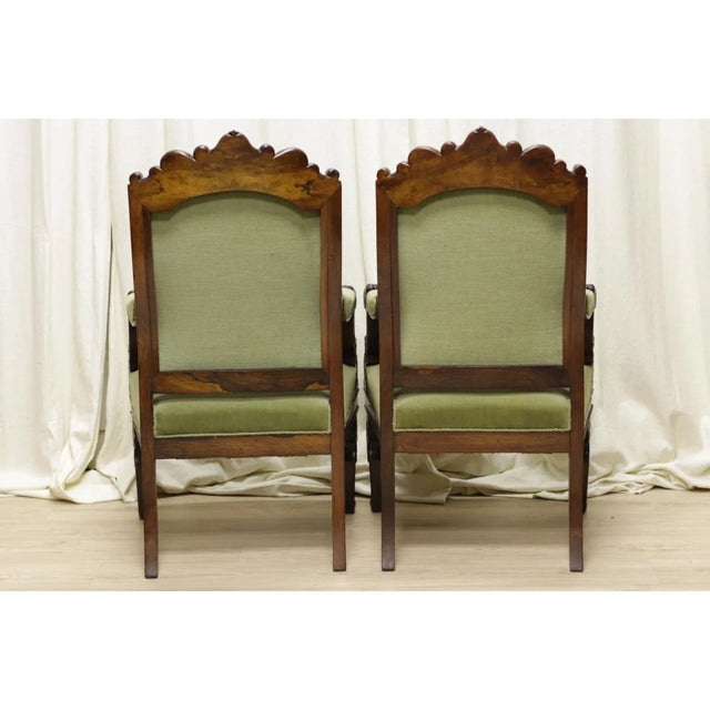 French Napoleon III Style Armchairs in Carved Walnut and Green Upholstery, 1860, Set of 2 For Sale - Image 5 of 7