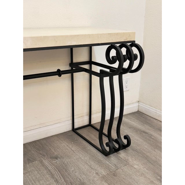 1970s Wrought Iron Travertine Top Console Table For Sale - Image 5 of 10