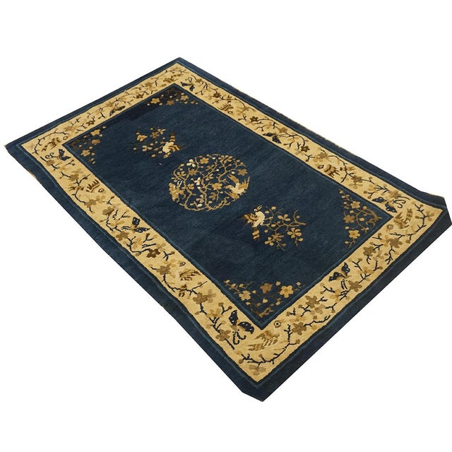 1920s Navy Floral Birds Medallion Antique Chinese Peking Knotted Wool Carpet Rug For Sale - Image 4 of 6