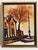 A signed mid-century European urban or canal-side landscape with stylized buildings, dark linear outlines and a prominent...