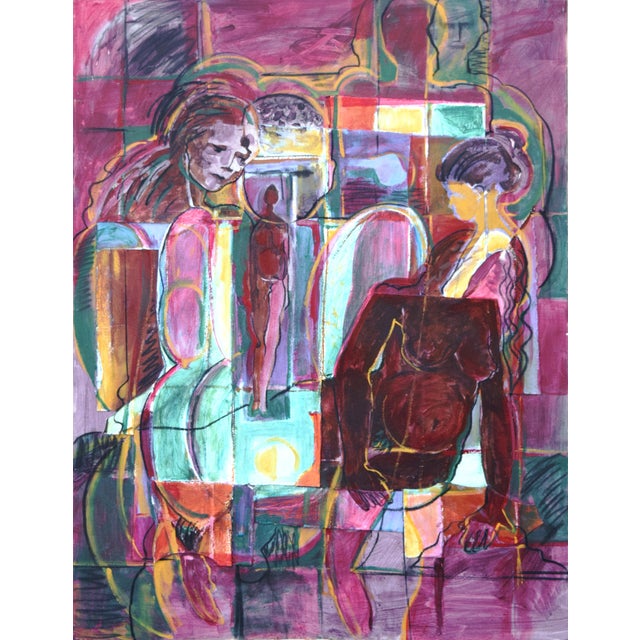 Large mixed media painting with cubist influence. Oil and acrylic on layered canvas as shown in close ups. Presented in a...