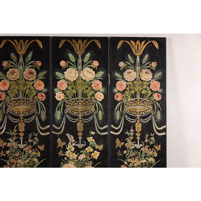 Wood Black Lacquer Chinese Four-Panel Screen with Polychrome Floral Décor For Sale - Image 7 of 12
